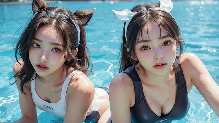 JK swimsuit, ponytail, cat ears, black headband on neck