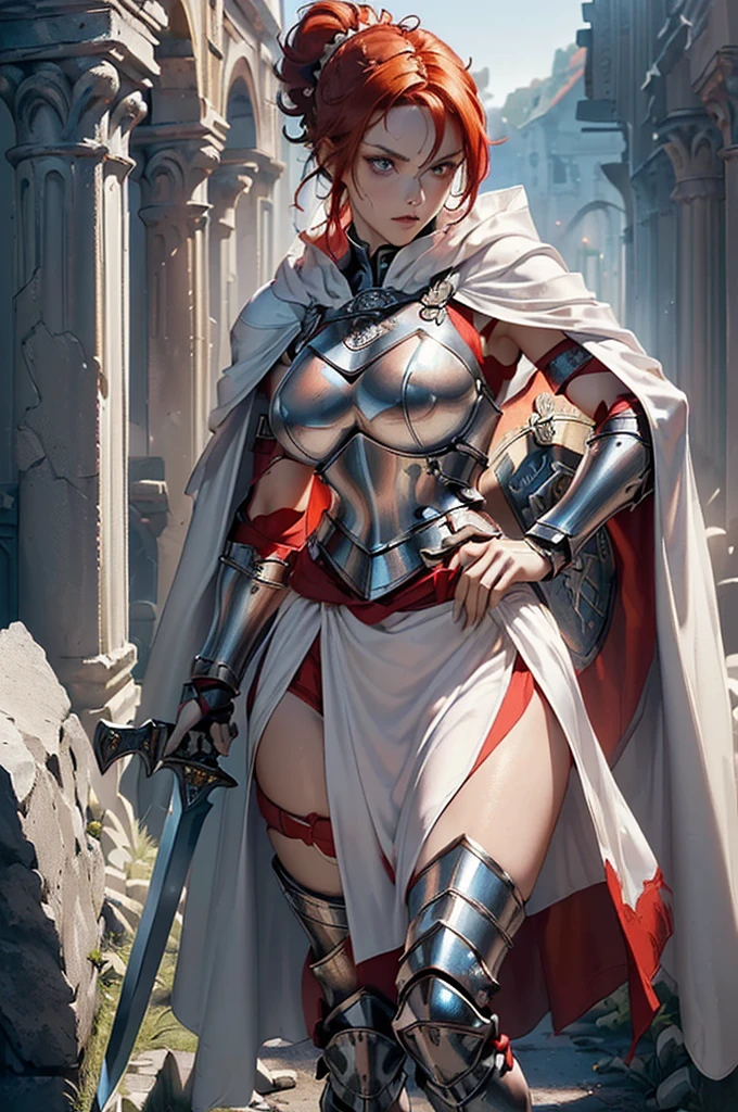 Masterpiece, (flat black background:1.2) solo, detailed face, intricate iris, thick lips, robot girl, (gold and white skin), realistic illustration of a (cyborg girl), (RED eyes), IvoryGoldAI, (freckles),(holding BREATHTAKING:1.2), (gold and white armor:1.2), (looking at viewer:1.2), parted lips, standing straight symmetrical, looking at viewer, lustful smirking smile face red blushed red cheeks, thick thighs, thigh highs, thigh, boots, armor, armored boots, full body armor, bikini armor, big breastplate, pauldron, bracers, leather black choker, tiger claws gloves, short bob white haircut, helmeted, metal shoulders, red long loincloth, longest blue cape reach to the waist, shackles and chains wristbands