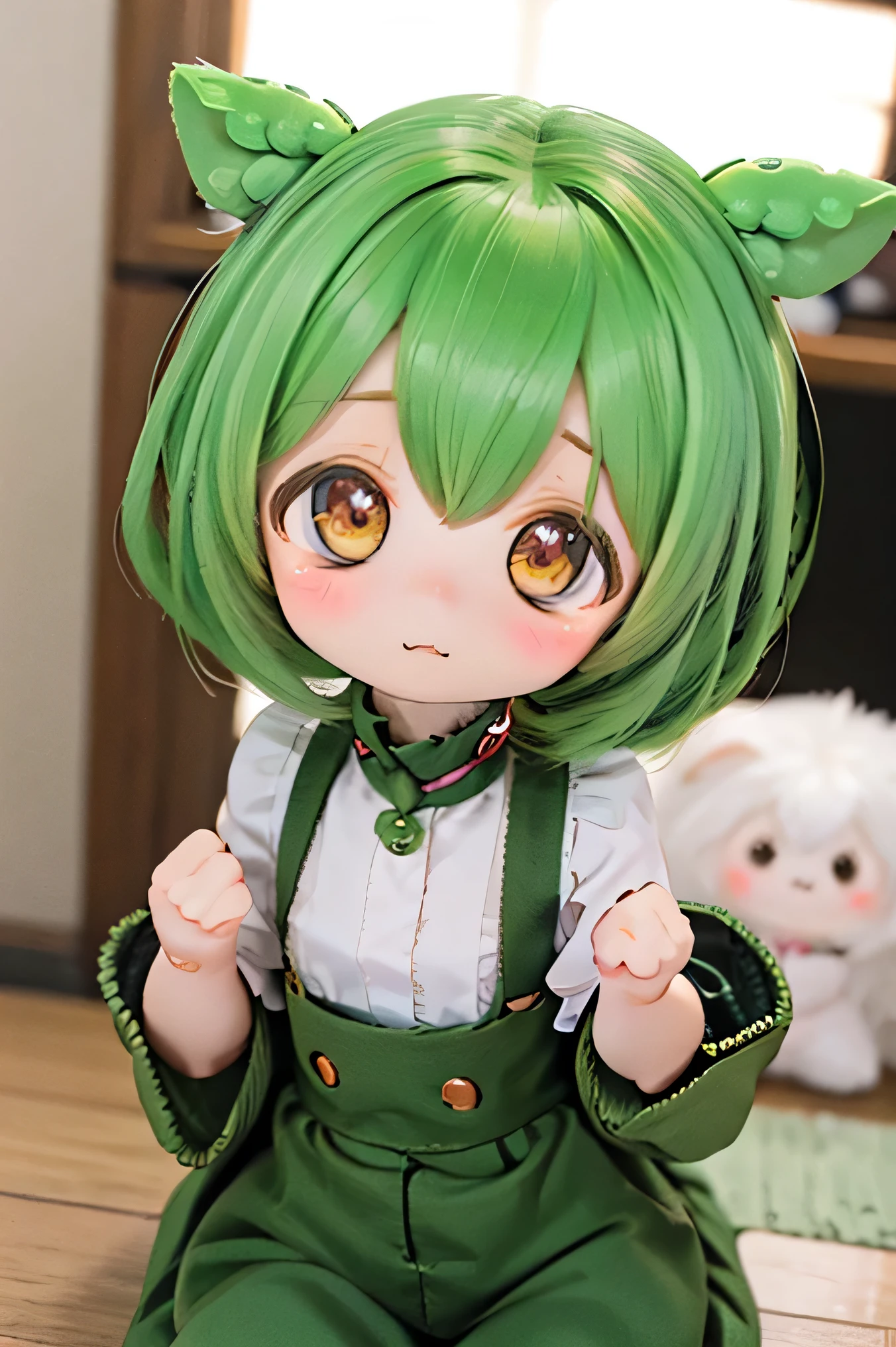 cute green-haired zundamon in playful pose, ( chibi), detailed character design , Exquisite Details , surreal , Photoreal , 8k, masterpiece , is high resolution, bright color, soft light , Natural Light, 、 warm palette , amazing , Nikon Z7 IIミラーレスカメラで撮影したamazing映像 , cute , cuteデザイン , , Heartwarming、Edamame、 Naked、DOWNTOWN execution make a bad face