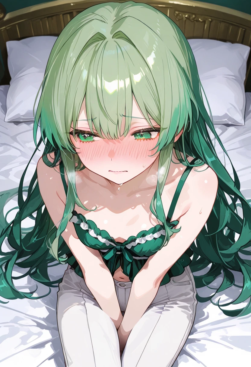 nsfw young 14 years old schoolgirls long pastel green hair yellow eyes, breasts spilling milk, torn uniform messy lying on the floor with legs open, small pink breasts lactating, defined body, lost, disoriented look.