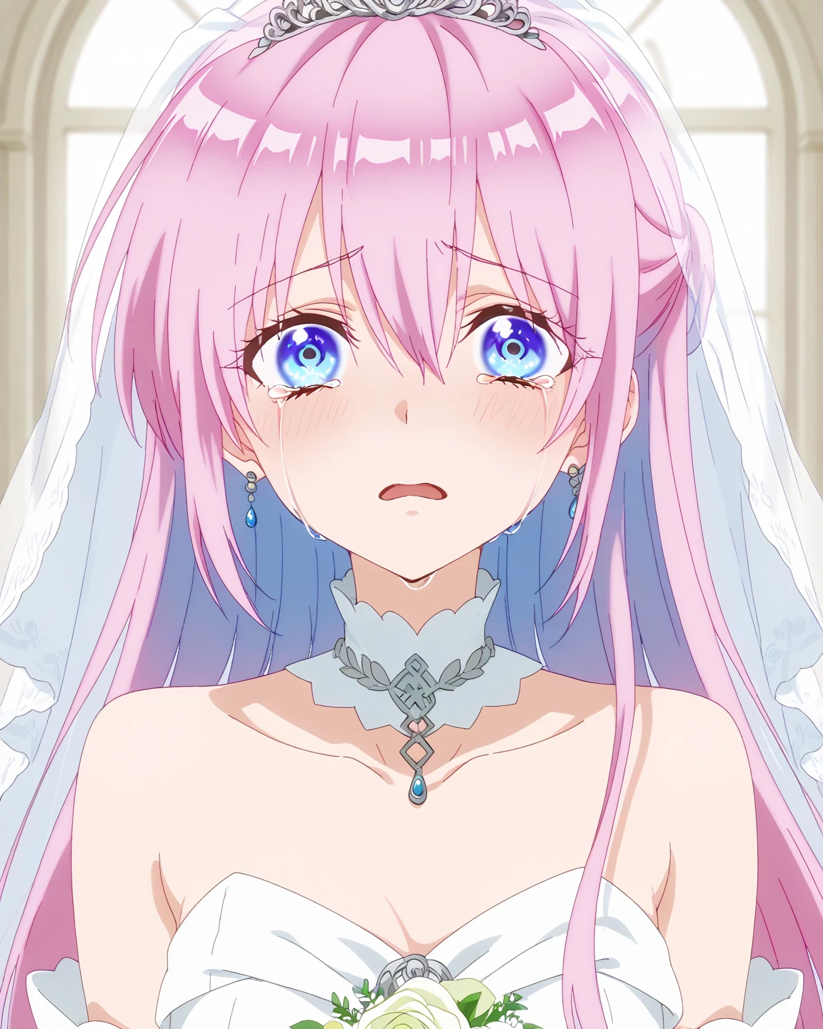 in the distance ona hill, akariWatanabe anime woman, wedding dress