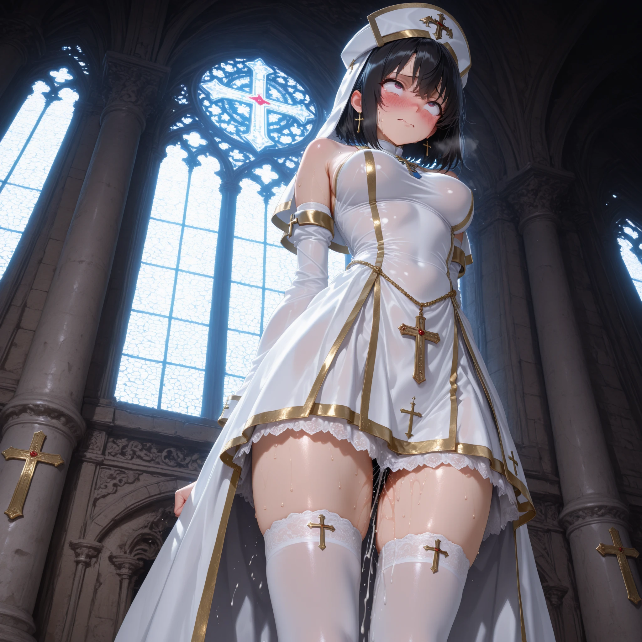 NSFW: 1.5, 12 years old Japan girl, fully adjusted, straight long black hair that reaches to the buttocks, medium large beautiful breasts balanced on the left and right, priestess uniform, praying in the chapel, crotch open.