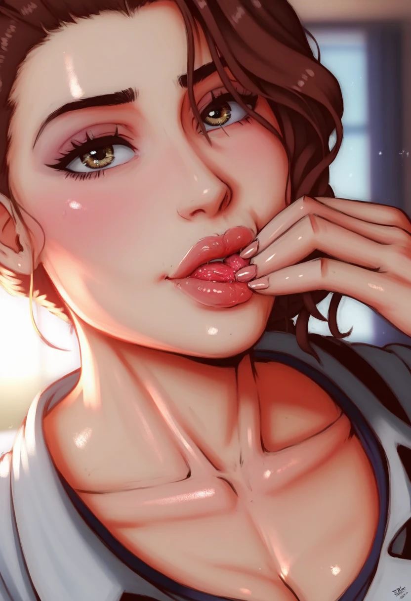 (masterpiece, best quality,:1.2), 1girl, (solo:1.3), upper body, white shirt, short sleeves, , (waifu, realistic, real life, exceptional, best aesthetic, new, newest, best quality, masterpiece:1.2), soft_lighting, soft_skin_tone, feminin_hair, (white background, simple background,:1.2), ((Sophie Marceau:1.2)), (((forced blowjob:1.2))), (((forced to suck man’s penis:1.2))), (((head grabbed)))