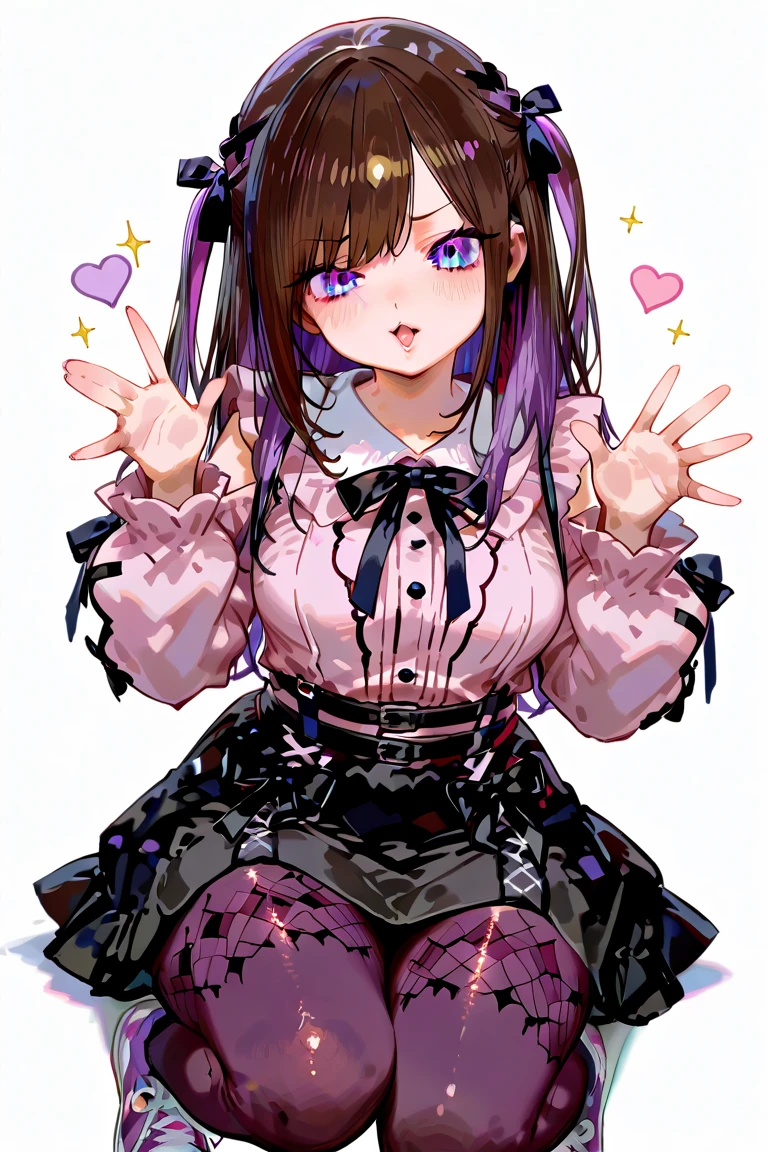 ((best quality)), ((masterpiece)), (detailed),Cute Loli,Short Brown Hair,Purple Eyes,Heart shaped pupils,Cute smile,Red Blush,G Cup breasts,big breasts,showed under boobs,bare thick thighs,cute skirt,Glowing purple eyes,cute pose,hand beneath breasts