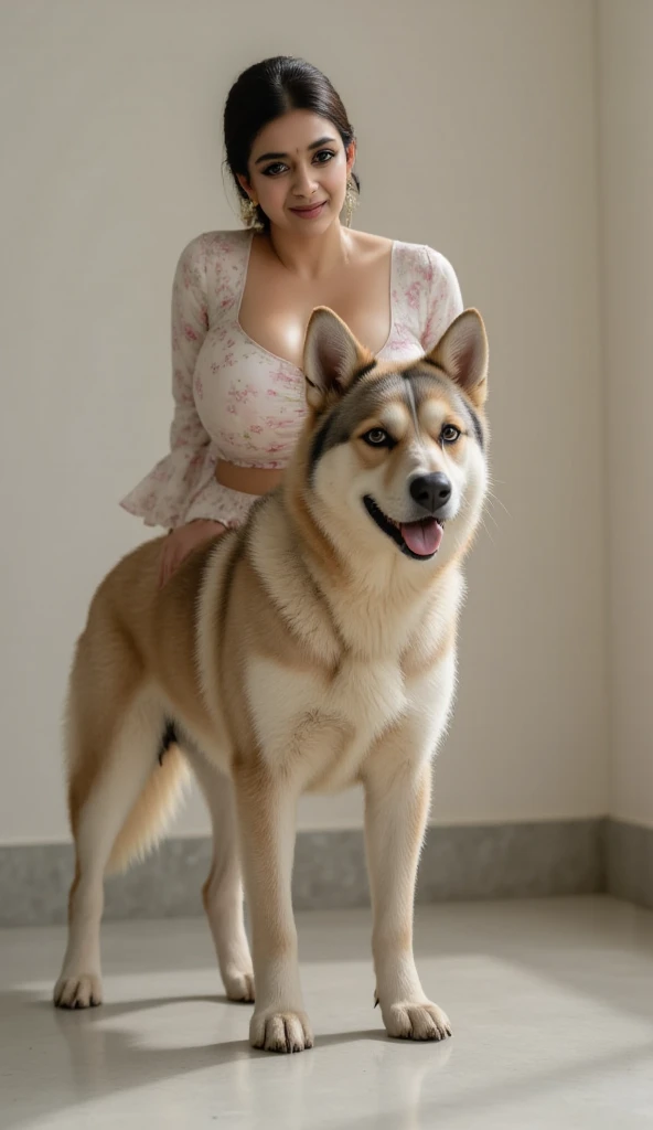 ((Masterpiece, Highest quality, high resolution)), ((highly detailed CG unified 8k wallpaper)), Shiba Inu, ((Masterpiece, Highest quality, Highest picture quality, high resolution, realistic, raw photos, 8k)), ((A collection of 8k CG wallpapers that are very detailed.)), Close-up view of Chiba, Thai woman with big breasts playing with Shiba Inu, cute and sitting,