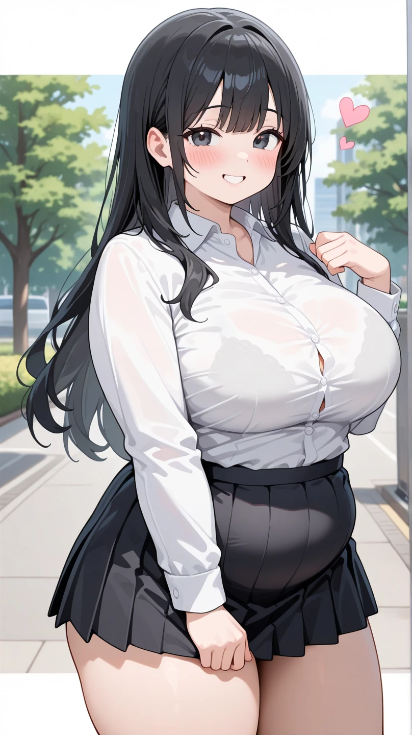 (((muscular girl huge breasts))) black hair yellow eyes pale skin frown UHD 16k best quality wide hips tight shirt skirt pantyhose