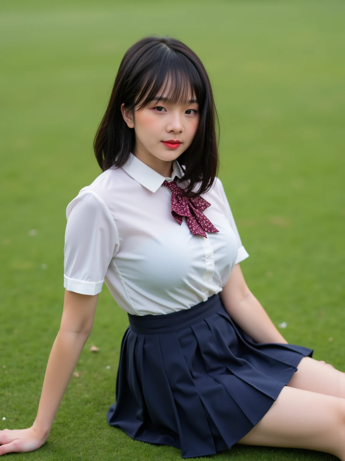 Japanese girl。A round face with plump cheeks makes you look young。The eyes are slit and long.、expression is dark。The mouth is large、The lips are thick。Wearing a short skirt。Natural, large breasts are emphasized。Shirt buttons4More than one open。Her hairstyle is a ponytail with bangs and long sideburns.。Tied with a red ribbon。Wearing a scrunchie on her left wrist。Background is lawn in park。The angle of view is taken from behind。The model is on all fours、legs wide open。Turning their head and eyes towards the camera。