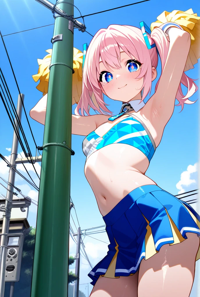 (perfect body),highest quality,16k,((((()))))、(((NSFW)))、Mating Press、sex、Bikinis aside、(((((blush))))),(:D)、(((close your eyes)))、embarrassing,(short hair), (((orange eyes))),((((pink hair)))),(Sweat),((())),((((wavy hair)))),Ahoge,Valletta,(white knee socks),((big ass)),((Cheerleader))、((It has a yellow pompon))、(((light blue striped bikini)))、(((open white shirt)))、(((yellow mini skirt)))、(((((panty shot)))))、(((((flat chest)))))、(((thick thighs)))、armpit、((raise your legs))、(((((he is short)))))、ground