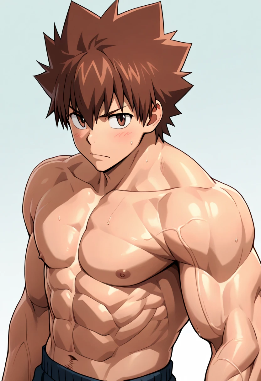 ((1boy)), young boy, (nice hands, perfect hands), (male focus), (perfect anatomy), ((kirishima eijirou)), bare chest, sparkling eyes, abs and pectoral muscles, (ready to attack a villain, looking at viewer), (ruined burning city in the background)