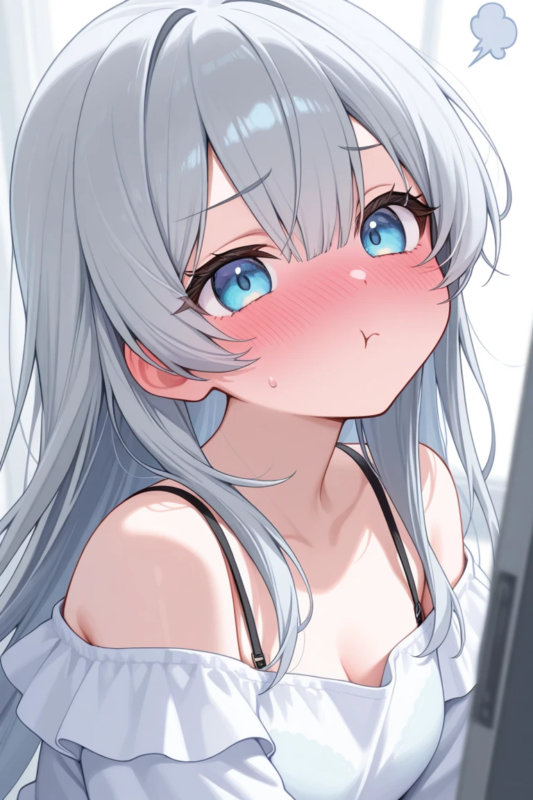 A beautiful girl with white hair and blue shirt, posing seductively in a room, detailed anime style, attractive anime girl, ink wash painting anime, 4k anime wallpaper, cute anime girl art, ecchi anime style, best anime girl, cute anime aesthetic, beautiful anime girl, (1girl), beautiful high school anime gir