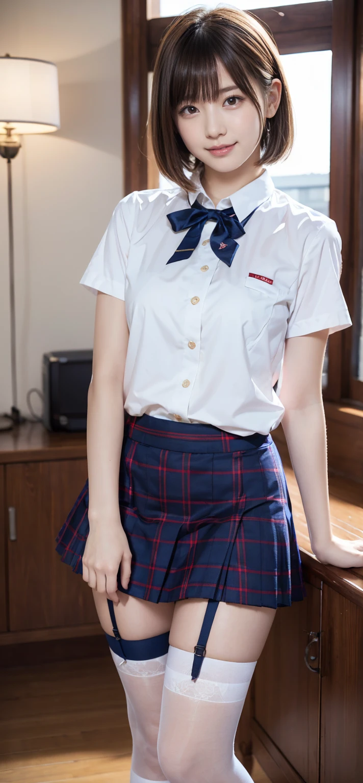 (Highest quality,masterpiece:1.3,Ultra-high resolution),(Very detailed,8k),(Realistic:1.4,RAW shooting)。Cute young woman。Composition above the knee。The best smile。Small breasts。A cup breasts。Plump figure。Short Hairstyles。school uniform。School classroom。
