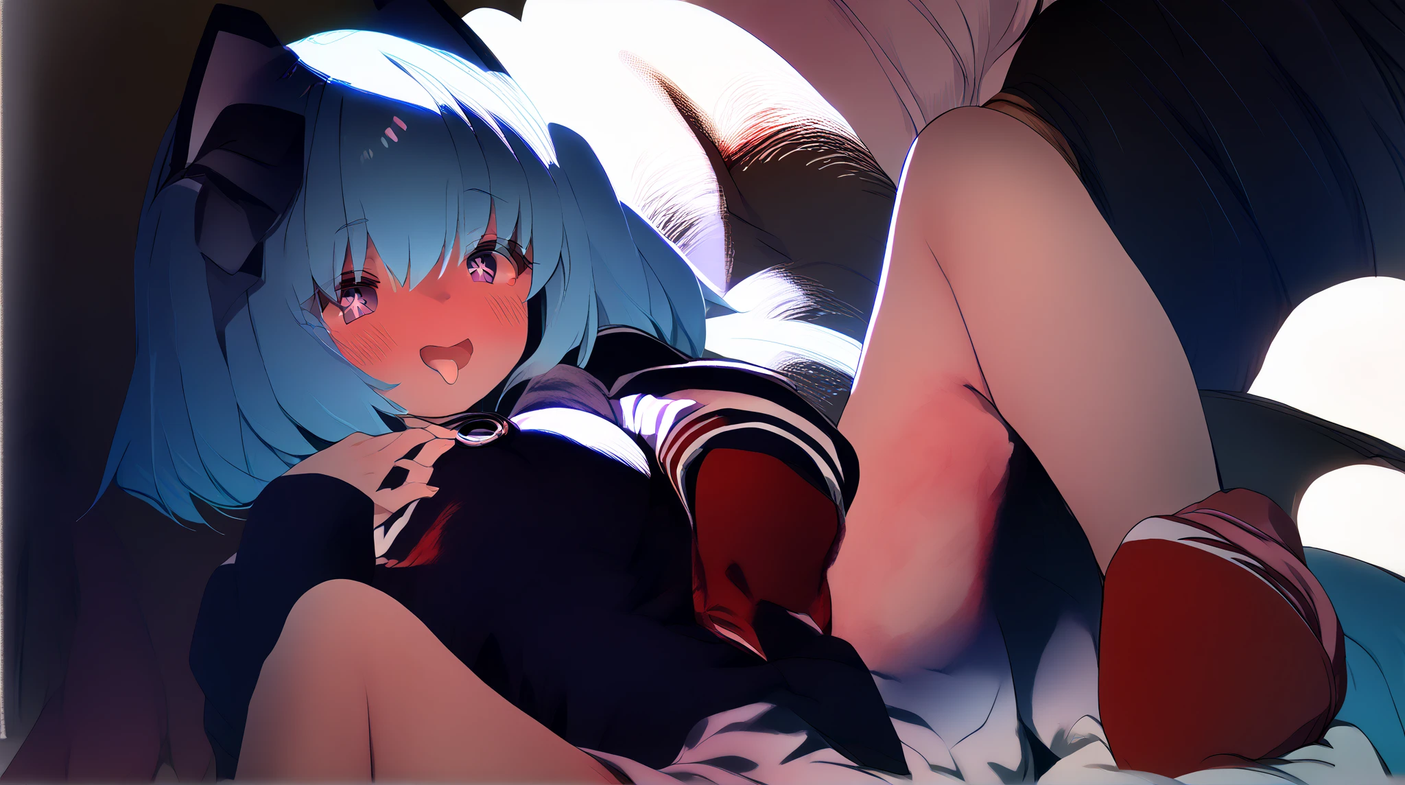masterpiece, best quality, light particles, ultra detailed, perfect anatomy, anime style, 8K, (girl), medium breasts, young girl, various poses、long gray hair, high ponytail, pink eyes, bat wings, black dress, (nipple, navel), (lift up) ,((orgasm face)), (girl look to the side:1.3), blush cheeks, (vaginal penis:1.2), (man:1.4), hetero, (lying:1.6), (girl spread legs:1.4), (Sex:1.7), (cum out:1.2), nsfw, mountain,white bed、Old castle room、chandelier, shadow, pov,