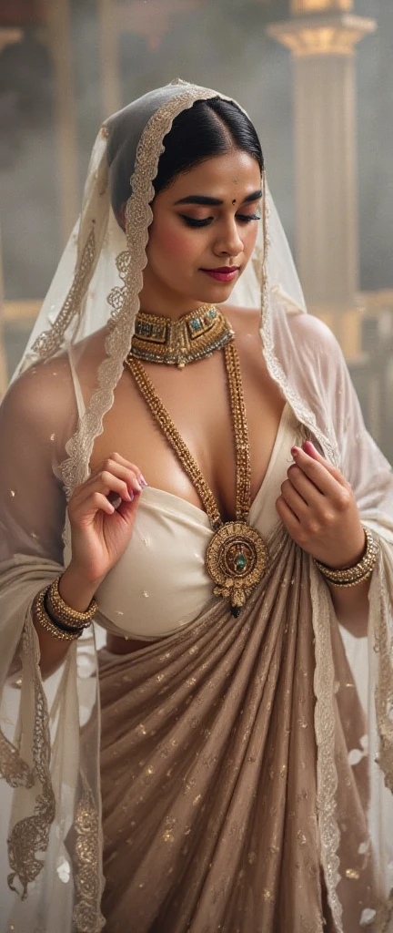 best quality, masterpiece, highres, 1girl, transparent lace dress, cotton robe, hair ornament, dress,hair ornament, necklace, jewelry, arabic clothes, unbuttoned, long wavy hair, earrings, detailed beautiful eyes,detailed eyelash, Beautiful face,upon_body, tyndall effect,photorealistic, rim lighting, two tone lighting,(high detailed skin:1.2), 8k uhd, dslr, soft lighting, high quality, volumetric lighting, candid, Photograph, high resolution, 4k, 8k, Bokeh, in garden, falling snow, winter, (gigantic breasts:1.25)