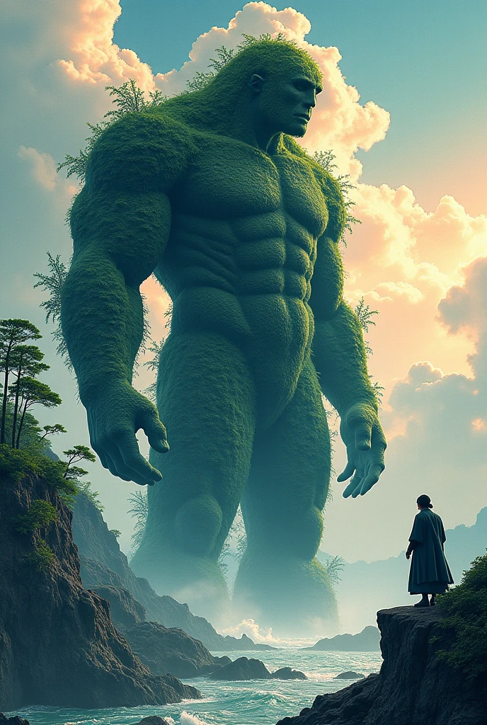 "A large, imposing figure stands on the peak of a mountain and hold own belt, gazing down with a solemn expression at a scene below. The valley is flooded, with people struggling against the rising waters, their distress evident. The contrast between the serene, lofty position of the giant and the chaotic, troubled scene below underscores the dramatic disparity."