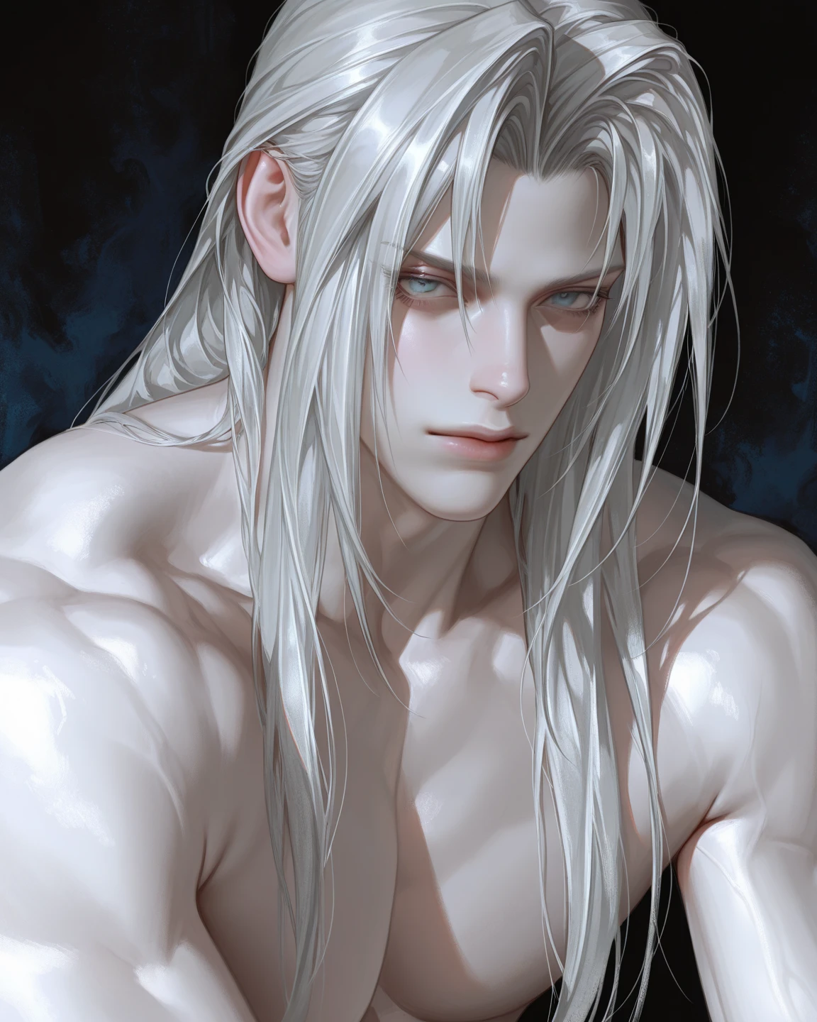1man, White Hair, Long tied Hair, Orange eyes, naked, purple fin ear, manly, manhwa style, mermaid's tail is blue and light pink, there is a black dragon tattoo on his back. Smiling showing his teeth, fantasy art, photo realistic, dynamic lighting, artstation, poster, volumetric lighting, very detailed faces, 4 k, award winning,