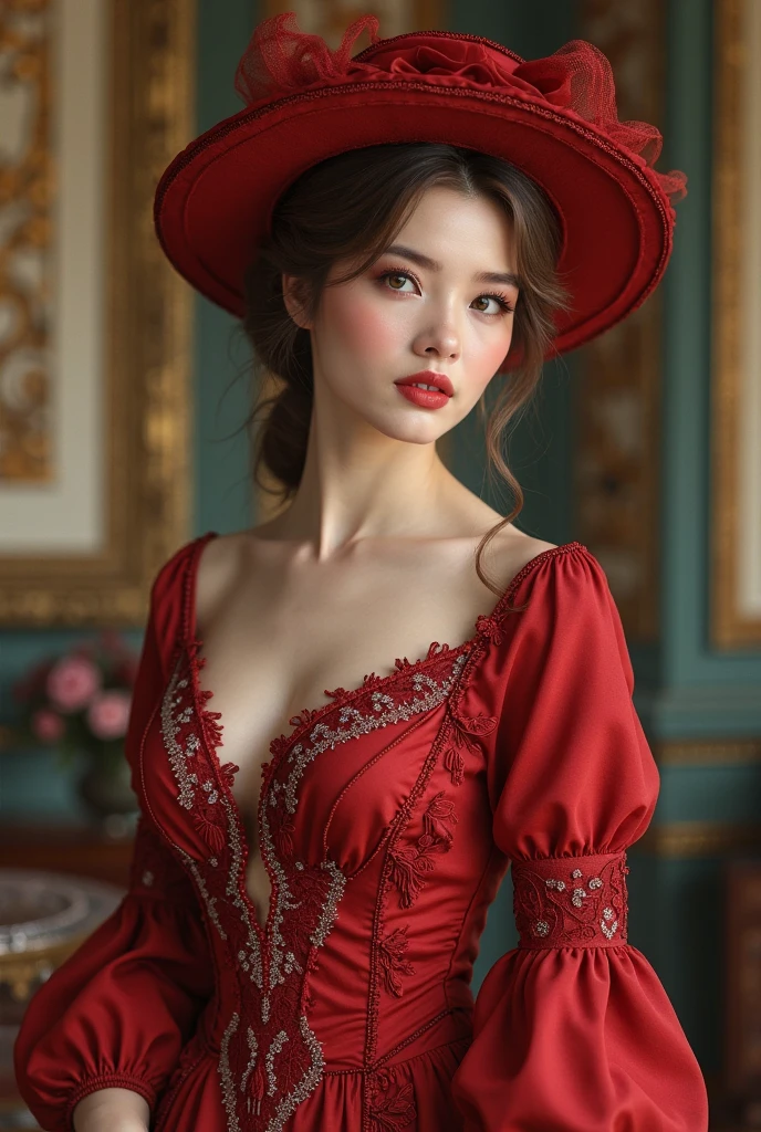 1girl, solo, Refined and luxurious dress in vermilion red, made of fine wool and silk, golden filigree, with a loose fit, high waist and three-quarter sleeves, refined dress, Madame, Average Height, Lean, Triangular Face, Tan Skin, Honey Blonde Hair, ice blue Eyes, [[Curved Nose]], Full Lips, Round Chin, Long Hair, Thick Hair, Tapered Afro, natural breasts, , black sheer lipstick, Bending sideways with one arm reaching overhead, Enchanting medieval marketplace bustling with merchants and lively townsfolk, angry, proud, :] , breathtaking, intricate details, absurdres, highres, ultra detailed, highest quality, amazing details,