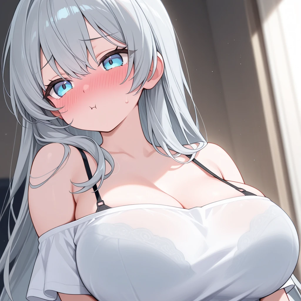 Anime,Bikini blanc, wet, wet bikini,Clivage en gros plan,Fond gris simple,Focused breast,Creux sur,cleanliness,Taste,Affiche pour,tit,seins Nedium,lateral breasts.(seins gigantesques:1.5).