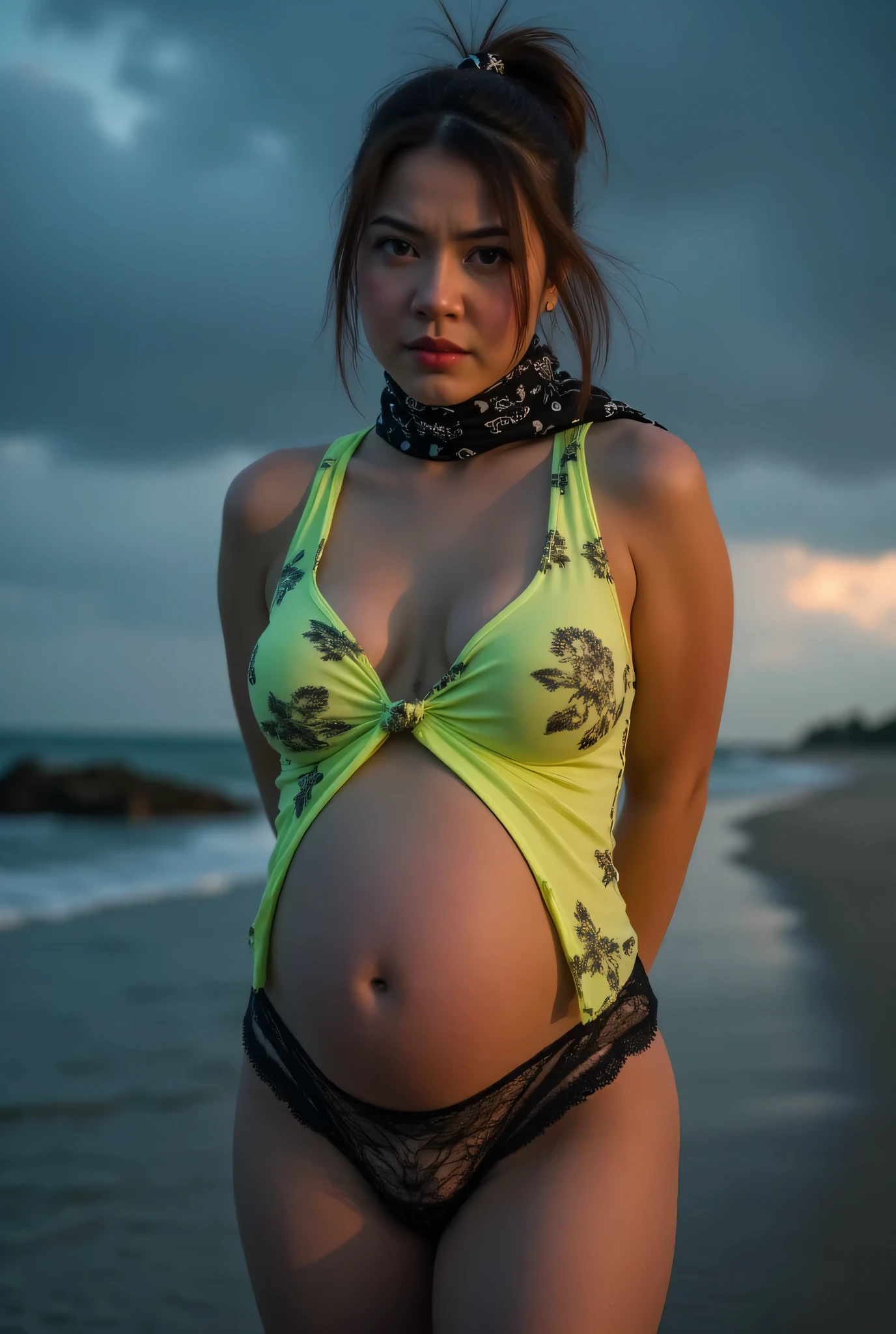 DSLR photo, (extraarms:1.2), beautiful pretty sexy woman filipina, mother, milf, mom, black swimsuit, long black hair, floral pattern, hoop earrings, necklace, dark complexion, smiling, full lips, standing, outdoors, sunny, beach, photograph, looking at viewer, angled view, busty, (cleavage:1.2), bracelets, charms, beads, ((upper hands on head)), ((lower hands on hips)), four arms, four hands, wide shoulders, solo, 1girl, (extraarms:1.2), full subject in frame, full body shot, bare feet, model, modeling, preggo, pregnant,