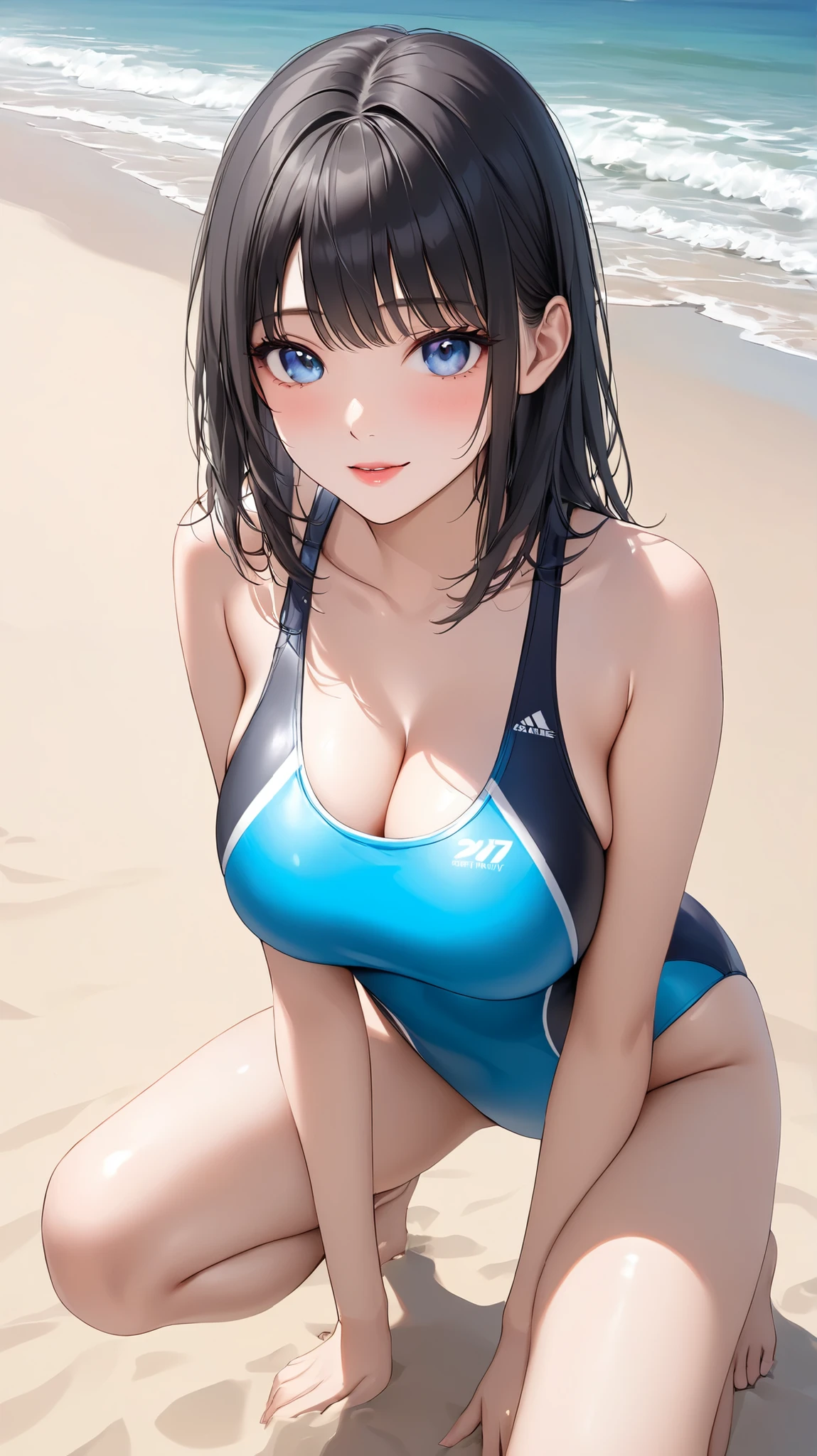((masterpiece,best quality,ultra detailed,high resolution)),(daytime,clear weather,sunlight),looking viewer,((solo,girl)),(black hair),(beautiful detailed face,beautiful detailed eyes),(finely detailed skin,fair skin),light smile,(competition swimsuit),(beautiful sky),sitting,spread legs,(perky breast),nsfw,