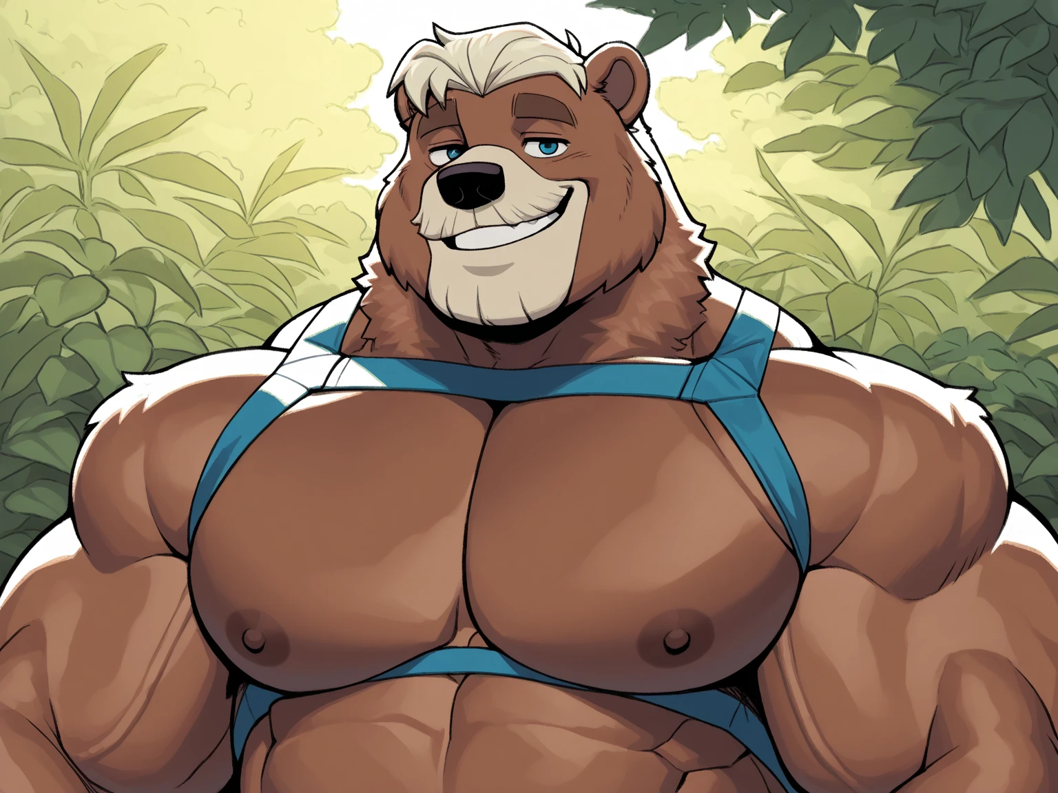 Solo, male, bear, bulge, detailed bulge, detailed crotch, muscular, big, thick, wide, slightly chubby, large pecs, brown fur, black nose, green eyes, detailed eyes, detailed hands, brown medium hair, by chunie, by darkgem, by glitter trap boy, blue full bodysuit, superman costume, red speedo, red boots