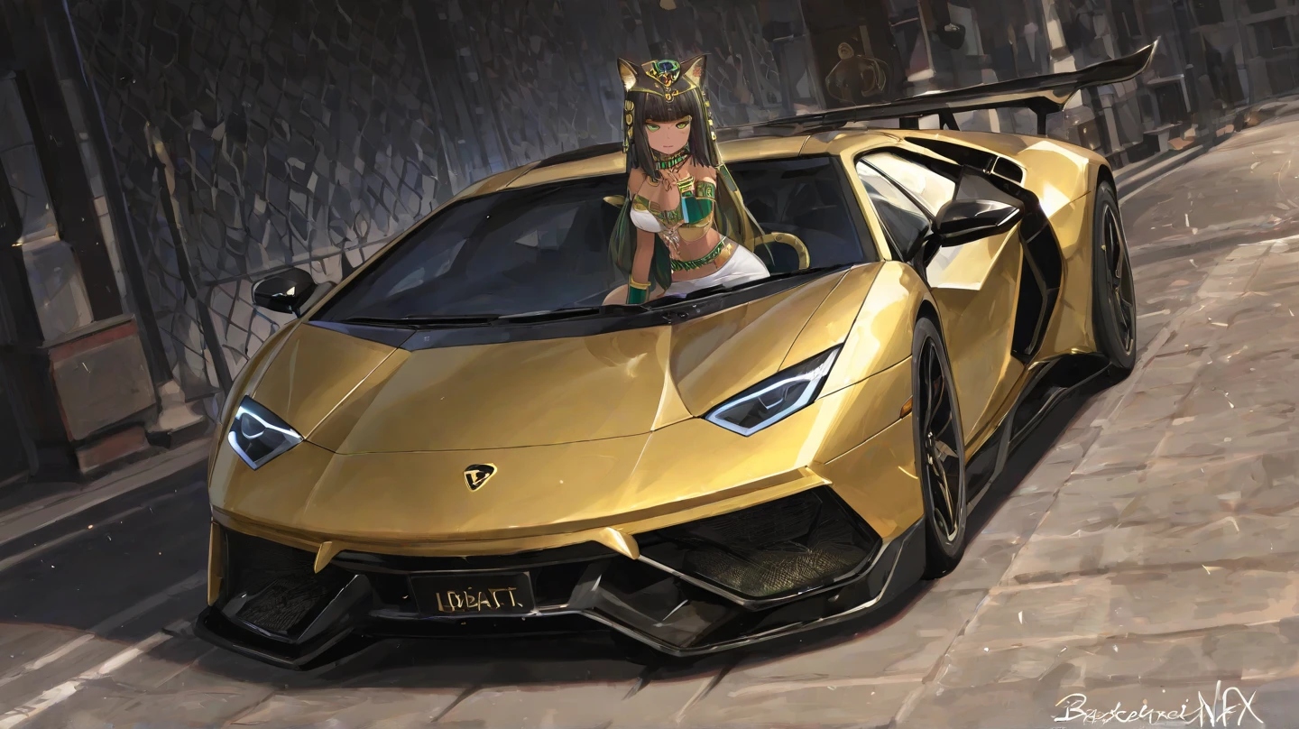 Create me a really super sexy brunette girl with an Arabian beauty with light brown eyes , Size 1,72 cm, langes schwarzes Haar, in Lamborghini Aventador am Steuer