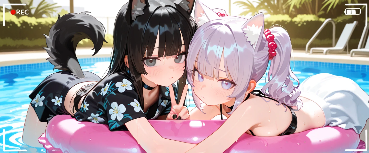 Realistic 3d Style anime and manga club wirh girls in a pool drink juice, a hot day, cat ears in the girls
