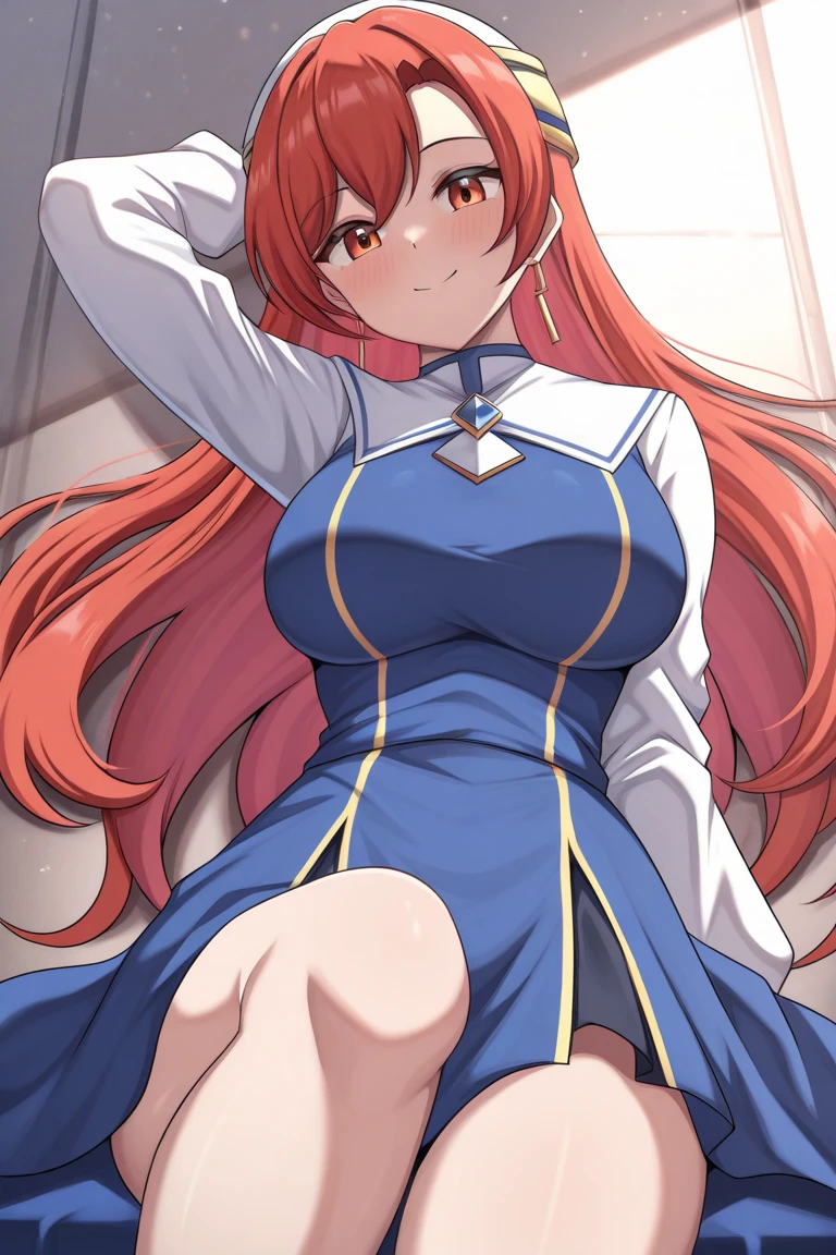 White and blue jacket,half-off jacket,Anime girl in black underwear,Light orange hair,Super Long Hair,Messy Hair,A girl wearing a collar and a red lead,Dog ears,Fluffy breasts,tits,