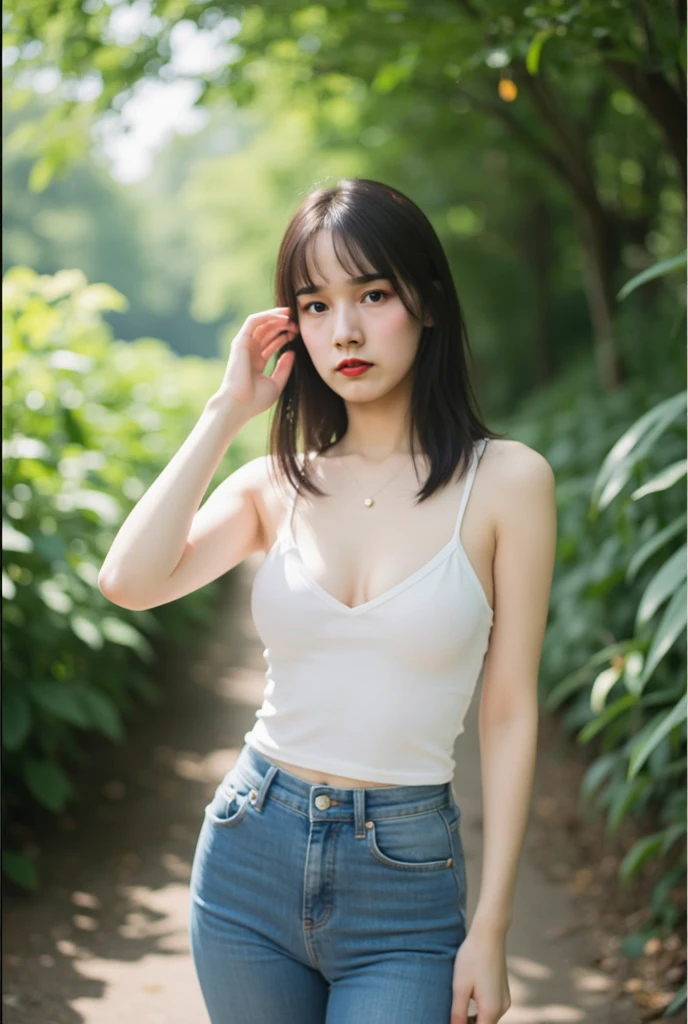 A superb exquisite real beautiful Korean girl, natural straight hair, extremely delicate, straight facial features, peerless beautiful girl, soft, dreamy quality, light white and dark brown, exaggerated facial features, solid color, frank holly, delicate face, bright lips slightly open, slender waist, soft curves, real light and shadow, super fine, 4k, natural moving, realistic, Ultra high resolution, ((at the street food)), (professional pose),(nsfw:1.4), (Topless camisole:1.4),(sitting in the street food shop:1.4), (her hand hiding), (((1 girl)))