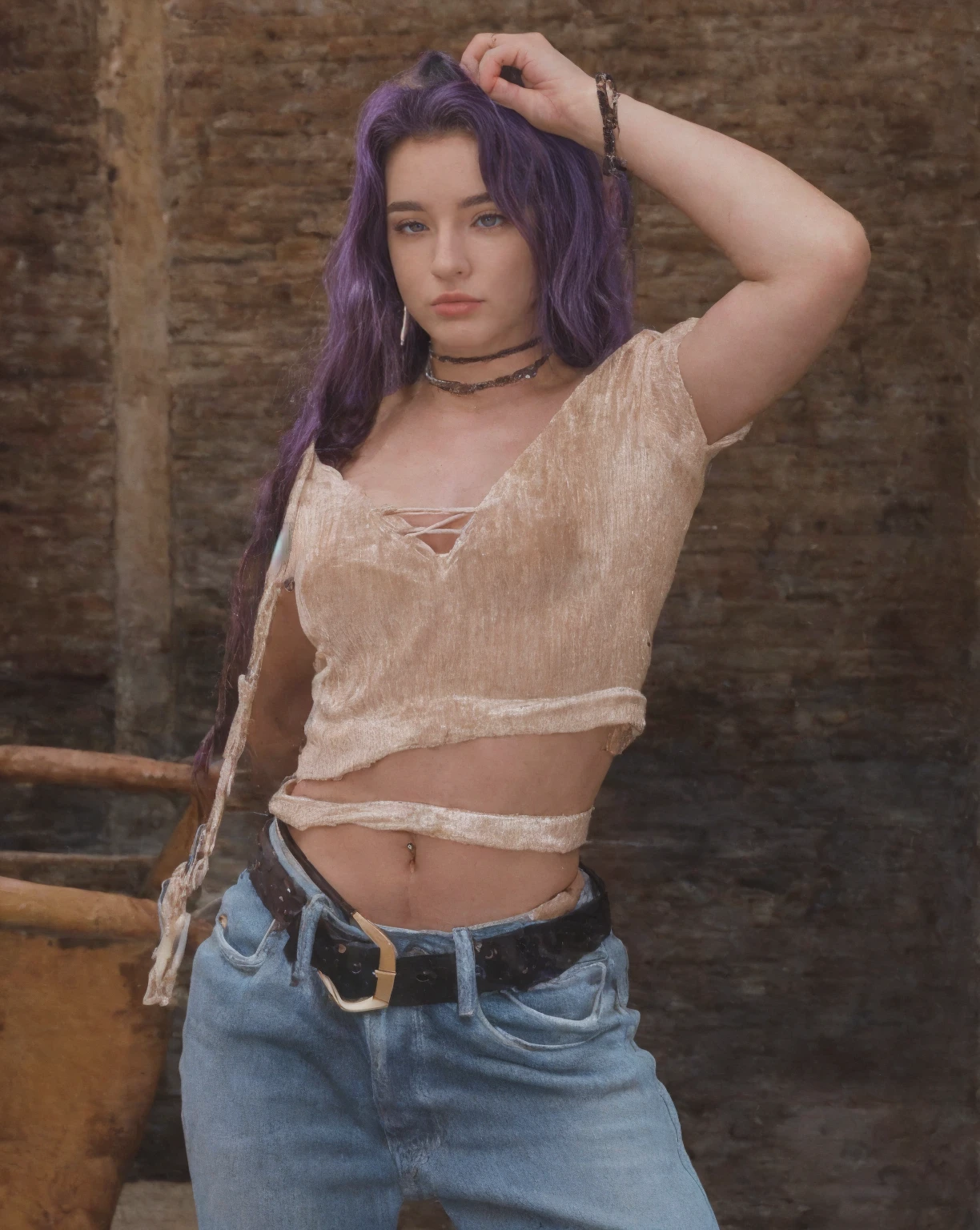 Woman in purple top and blue jeans standing in front of a building, Purple waterproof tank top, haut violet, Tenue violette, porter un cropped top sexy, Porter un cropped tops, porter un cropped top, Licou violet, 🤤 Portrait de fille, Young woman of the INFP, Accrochage au Louvre, album artwork, with natural light as a backdrop, Big with showy nipples