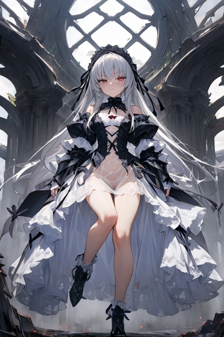 swf,(hyper extreme detailed),(masterpeace),(best quality),(hyper extreme),CG,nomal leg,good anatomy,1girl,indoors,<lora:Sevastopol:1>,Sevastopol,white hair, long hair, red eyes,side ponytail, white dress,black shirt, black long gloves, black long skirt, black thighhighs, high heels,