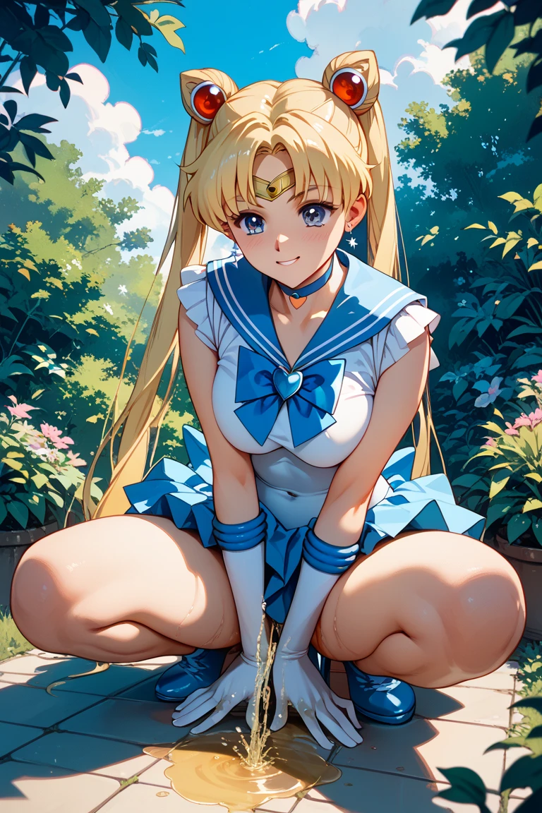 venusbody,1girl,solo,(small breasts:1.1),gigantic hips,wide hips,thick thighs,(huge thighs:1.3),sailor senshi uniform, Sailor Moon, blonde hair, magical girl, blue eyes, blue skirt, elbow-length gloves, tiara, pleated skirt , blue sailor necklace, miniskirt, choker, blue choker, white gloves, double buns,very long twintails, jewelry, earrings