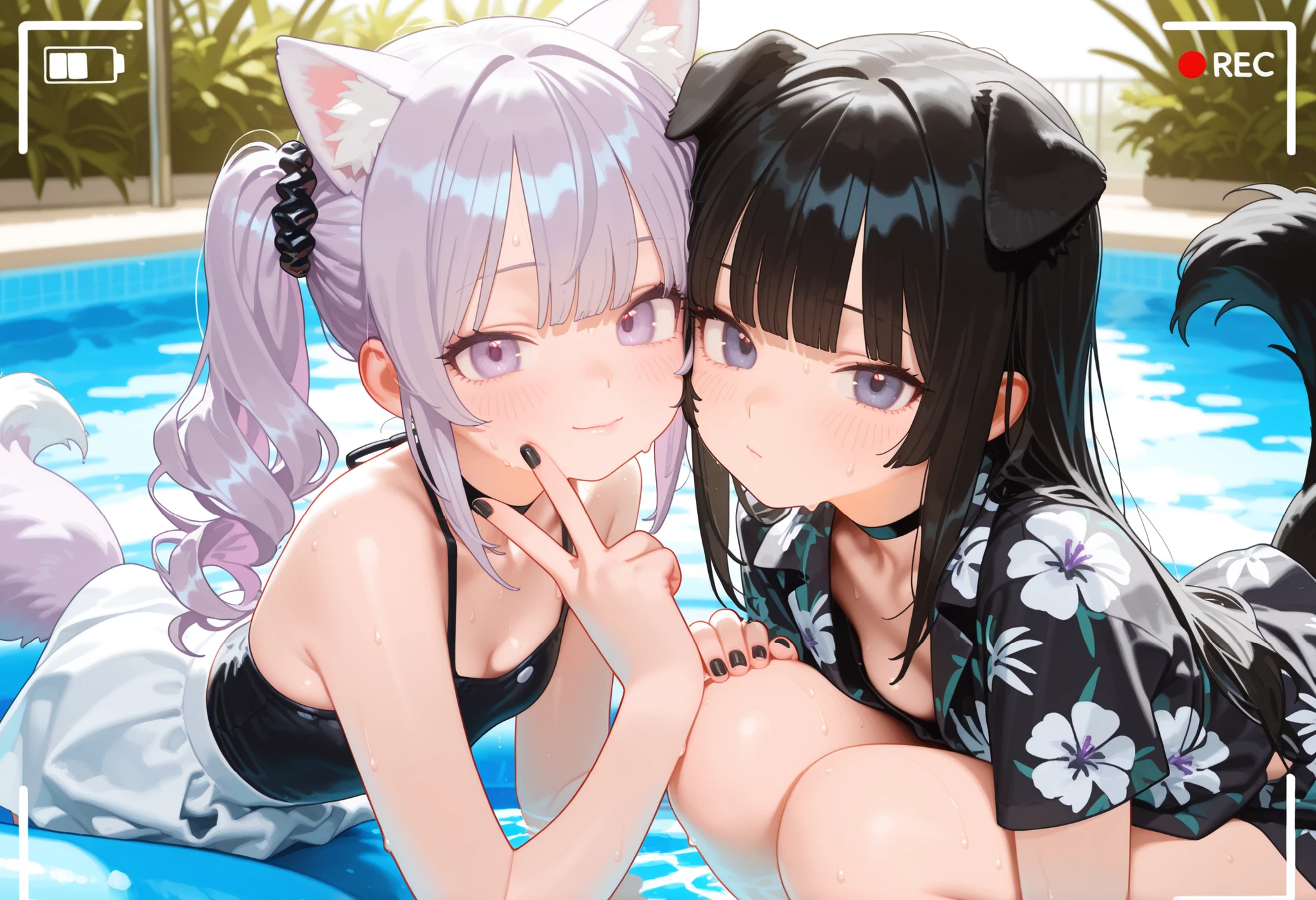 (((Anime style.1.4)))Rabbit-eared girl　sisterhood　Shy laugh　A smile　swim wears　(Selfie.1.2) The upper part of the body