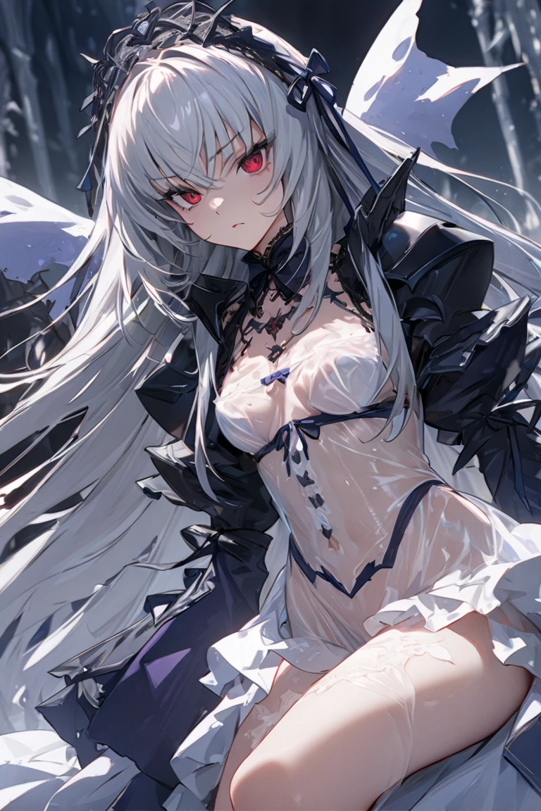 best quality,(1girl),woman,full body,pale skin,petite,silver hair,long hair,straight hair,[[[hair aband]]],blue eyes,small breasts,((wariza)),own hsnds clasped,(((gothic))) [[[[[[ta]]]]]]],(((coat))),grilled skirt,boots,bare shoulders,magic hour,rain,megami magazine,