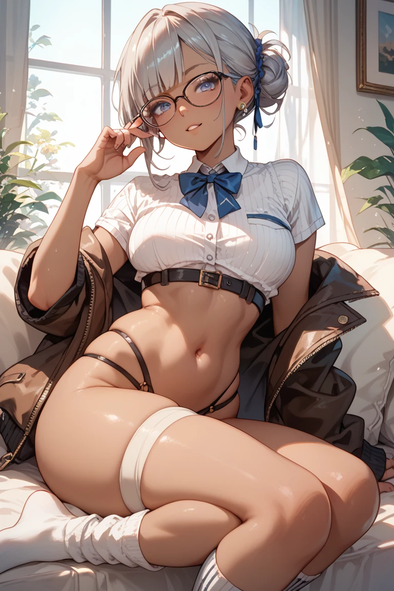 (1 female),(solo),(front),(crouching),(spread legs:1.1),BREAK,black short hair,(breast),(beautiful abs),(muscular legs),(lower body naked),BREAK,black glasses,BREAK,((short sleeved white sailor suit)),((hidden nipples)),BREAK,(black thighhighs:1.2),(short boots),BREAK,(crying:1.6),BREAK,Highest quality,Perfect Anatomy,Highly detailed face and eyes,