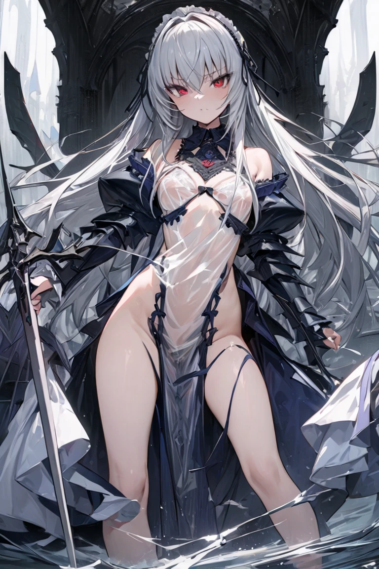 A beautiful anime girl with a gothic theme and a bulging and swollen belly 