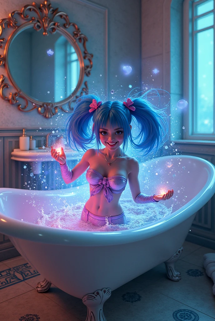 Masterpiece, high resolution, futurama style beautiful girl, being in a dirty beaker, immersed in liquid, homunculus, magic circle, small room with phosphorescent flash, perfect beautiful topless girl with flat chest, no clothes, luminous from within, staring at the viewer, laughter, 3d rendering, perspective, amazing anime illustration, impressive lighting, fantastic, dangerous, monstrous