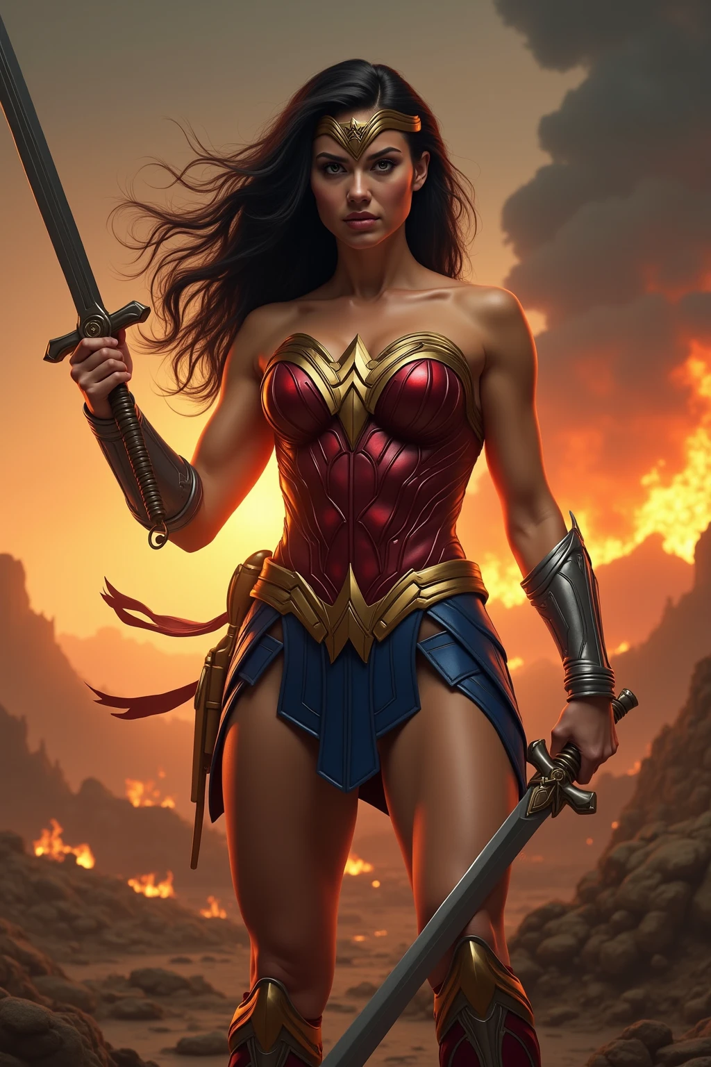 Wonderwoman, young, beautiful, voluptuous, open cleavage, standing in front of a raging fire, sword in hand, by Louis royo, Boris vellejo, Frank frazetta