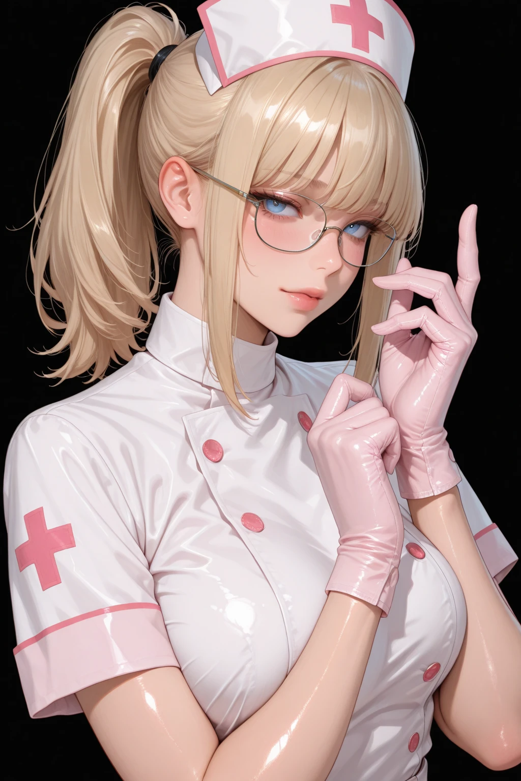 1girl, light hair, ((red elbow gloves)), ((surgical gloves)), ((latex gloves)), ((long sleeves)) ((red surgeon outfit)), looking at viewer, ((red doctor outfit)), standing, solo
