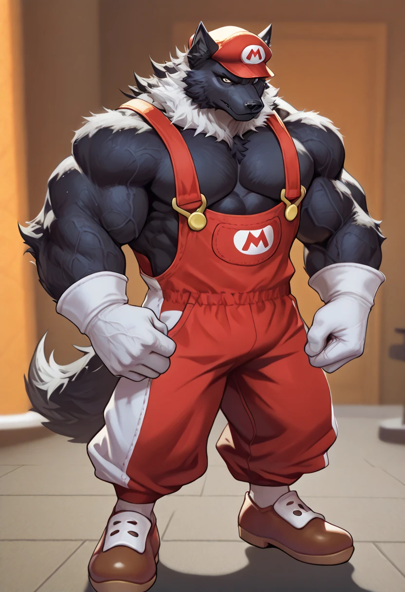 solo, 1boy, Huge Muscular Old Grizzly Bear as Bane from Batman, Bane mask, pectoral, huge pectoral, wide pectoral, brown fur, black tanktop, black tight pants, black boots, black gloves and wristbands, venom tank on the back, Gotham background, masterpiece, high detailed, 8k, high resolution, flexing his whole body veiny, Bane will crush you