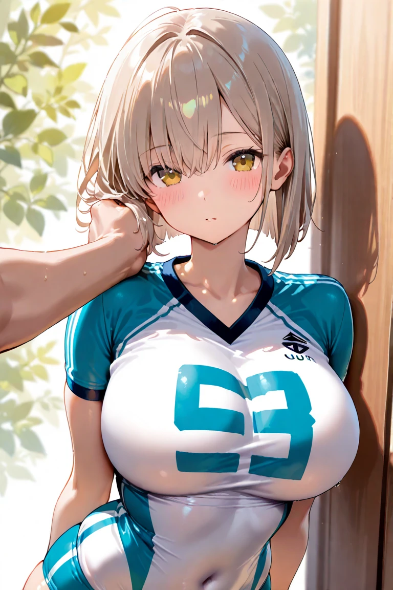 1 girl, game CG, see-through sleeveless blue gym uniform belly, button visible, short white skirt, scrunchie, gigantic breasts, blonde, middle hair, side ponytail, green eyes, outdoor, smile, open mouth, reach out, sitting on a chair, food, drink,