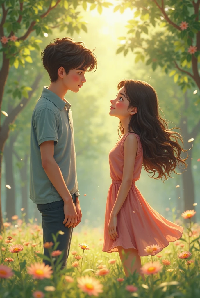 Teenage boy saying goodbye to a teenage girl leaving with her family far away in a field