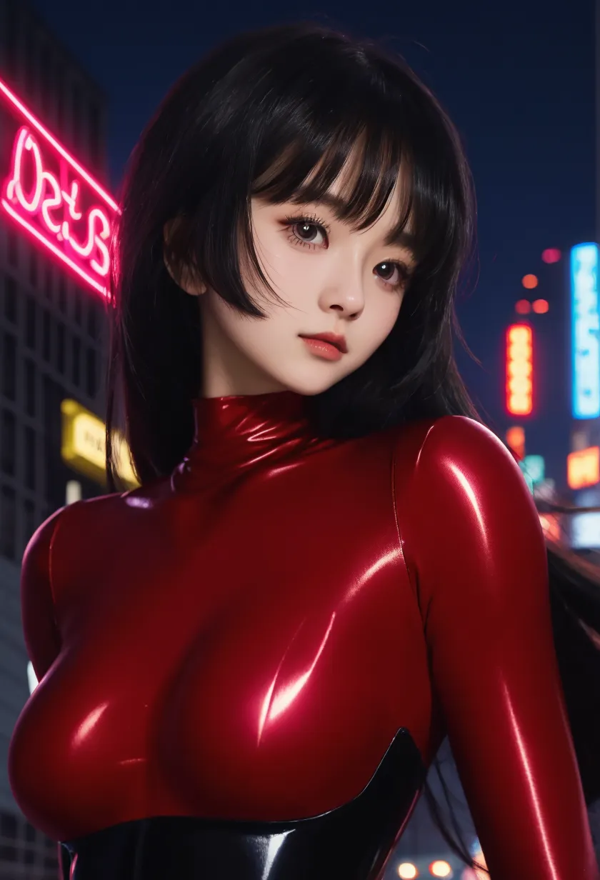 A beautiful young asian woman, detailed face, detailed eyes, detailed lips, mesmerizing gaze, elegant hairstyle, wearing a stunning red dress, posing confidently, dramatic lighting, cinematic atmosphere, vibrant colors, fantasy sci-fi background, futuristic cityscape, dynamic composition, (best quality,8k,masterpiece:1.2),ultra-detailed,(realistic,photorealistic,photo-realistic:1.37),cinematic,dramatic lighting,sci-fi,neon city,vibrant colors