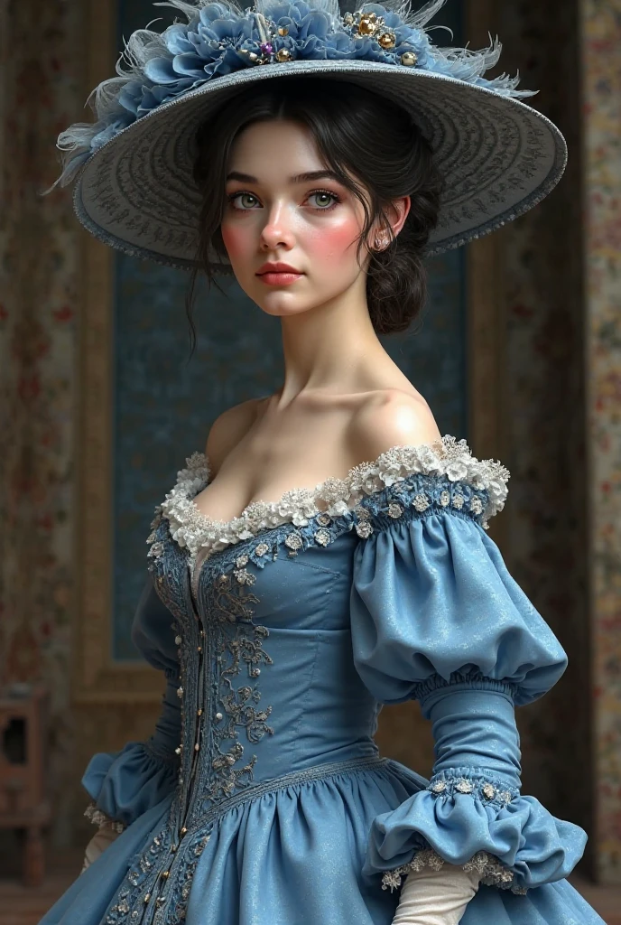 a close up of a woman in a blue dress and hat, a character portrait inspired by Sophie Pemberton, flickr, art nouveau, a beautiful victorian woman, victorian style costume, wearing 10s era clothes, pretty face!!, beautiful female dorothy gale, in victorian aristocrat, emylie boivin, jenna coleman as the doctor, old timey
