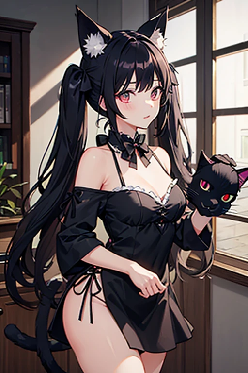 ((best quality)), ((masterpiece)), (detailed), ((highres)), In lavish manor library, extremely long black hair. Fluffy black cat ears. Long black cat tail on butt, 1catgirl, 20 year old, curvy body, dominant pose, snickering, naked. Heterochromatic eyes, one red eye, one gold eye. No shoes, black fishnets, nude, no clothes, anime, short, provocative