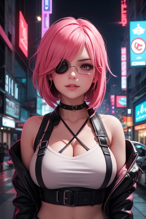 (Masterpiece, BestQuality:1.3), (ultra detailed:1.2), (hyperrealistic:1.3), (RAW photo:1.2), High detail RAW color photo, professional photograph, (Photorealistic:1.4), (realistic:1.4), professional lighting, perfect anatomy, (Big Breasts:1.2), (blush, detailed face), (cheerful Smile:1.5), (Pink Hair:1.5), Trending Hair&Trending Hairカラーをランダムに, earrings, necklace, bracelet, sexly, erotic sexly, Random sexy gravure poses, (Business woman woman、The background is a skyscraper、Cool look、Bobcut、Glasses wearing pose: 1.3)