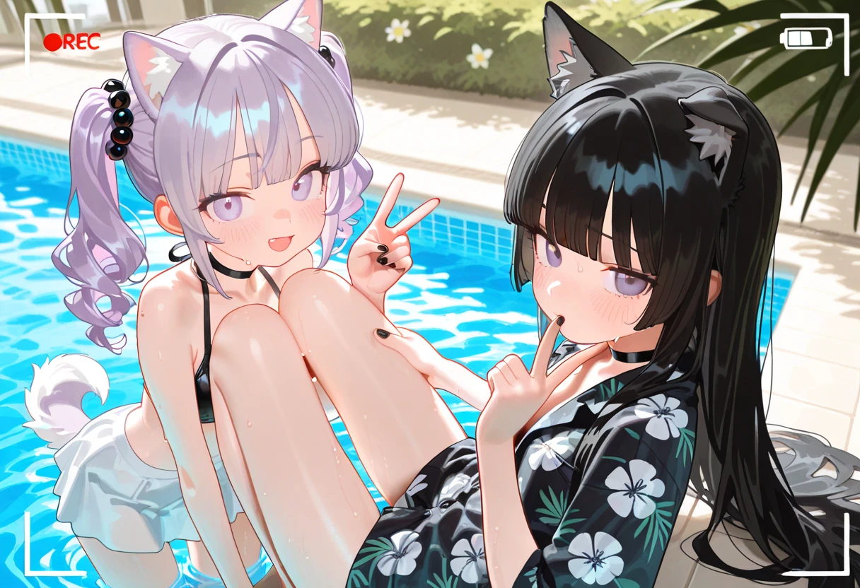 masterpiece, high resolution, high quality, open-air bath, night, 2 girls, (bathrobe, red hair ornament, big, cat ears, floral, yellow eyes, white hair, twin tails), (bathrobe, purple hair ornament, big, floral, red eyes, black hair, ponytail), NSFW, seduction, kissing