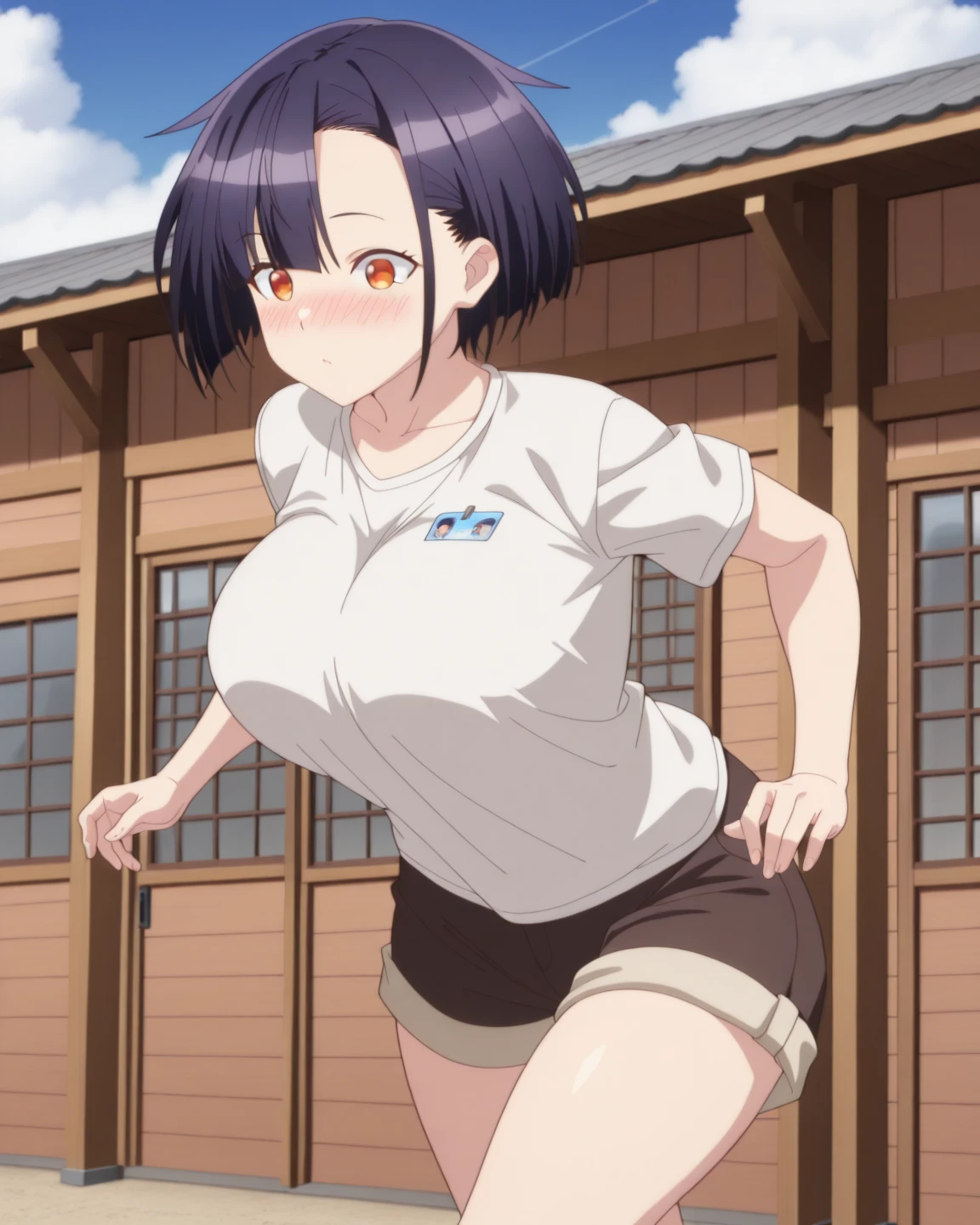 masterpiece, best quality,  1girl, Anna yamada,   black hair, long hair, bangs, ponytail,large breasts,gym uniform, white shirt,  gym shirt, blue shorts, brown eyes,  smile, school ground , outdoor