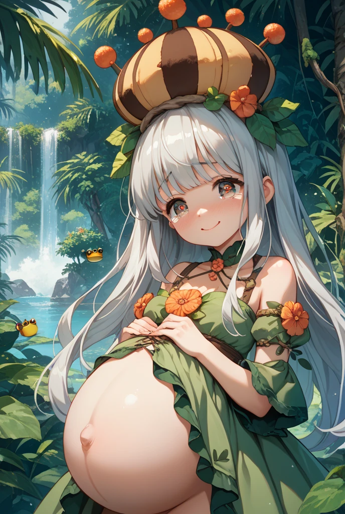 young girl 15 ,, very long hair that touches the ground, platinum ruby hair, iridescent eyes, very slim body , very small breasts, wide hips, lips shining with moisture, dressed in a very transparent white silk that barely covers her body and small breasts, very small young woman and thin , stops in a pasture , belly shining in her womb