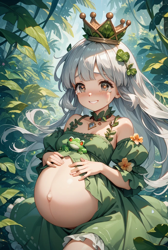 Create an anime girl with brown skin, green eyes, white hair, and elf ears who wears a towel on her nails and hot springs with a small pregnant belly.