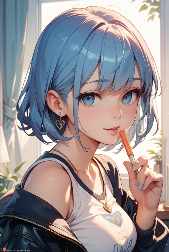 best quality, (masterpiece:1.2), illustration, absurd, (1 Girl, Solitary), (Beautiful and delicate girl), ((Upper Body, portrait)),, Kayla McMillan, short hair, Orange Hair, blue eyes, Medium breasts, blue crystal earrings, White jacket, , Cool, calm, looking at the audience,, Elegant bedroom interior, night, window, curtain, Starry Sky, lamp, bookcase, nightstand, vase, table,